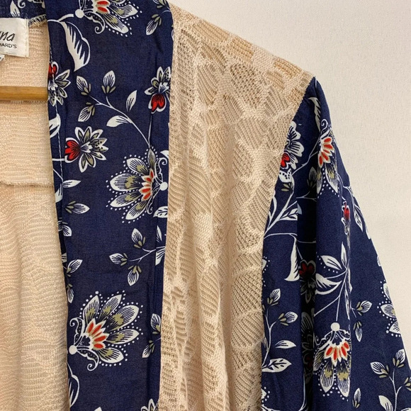Arianna by Howard’s Tan Lace and Navy Blue Floral Kimono Duster - One Size - Picture 3 of 9